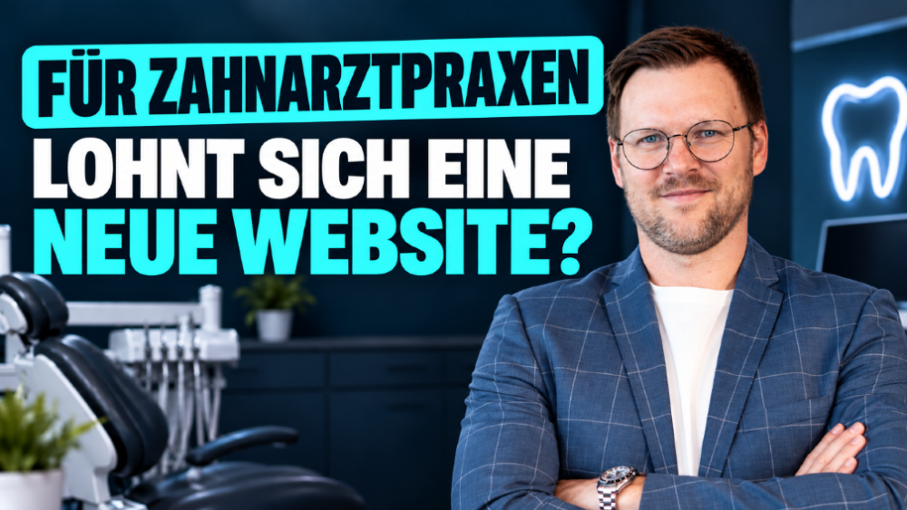 Ein Zahnarzt in Anzug steht vor einer modernen Zahnarztpraxis, die eine neue Website braucht.
