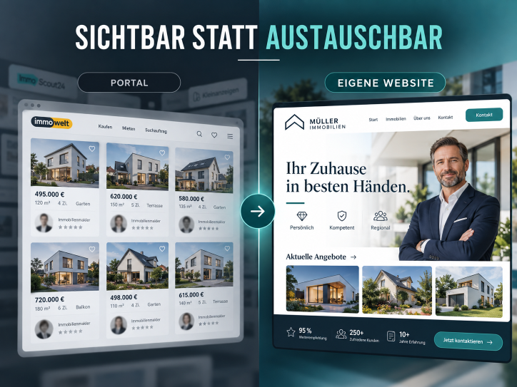 Vergleich zwischen einem Immobilienportal und einer eigenen Website für Immobilienmakler.