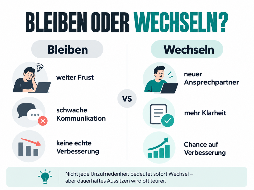 Infografik zu Webdesigner wechseln oder bleiben mit Vor- und Nachteilen.