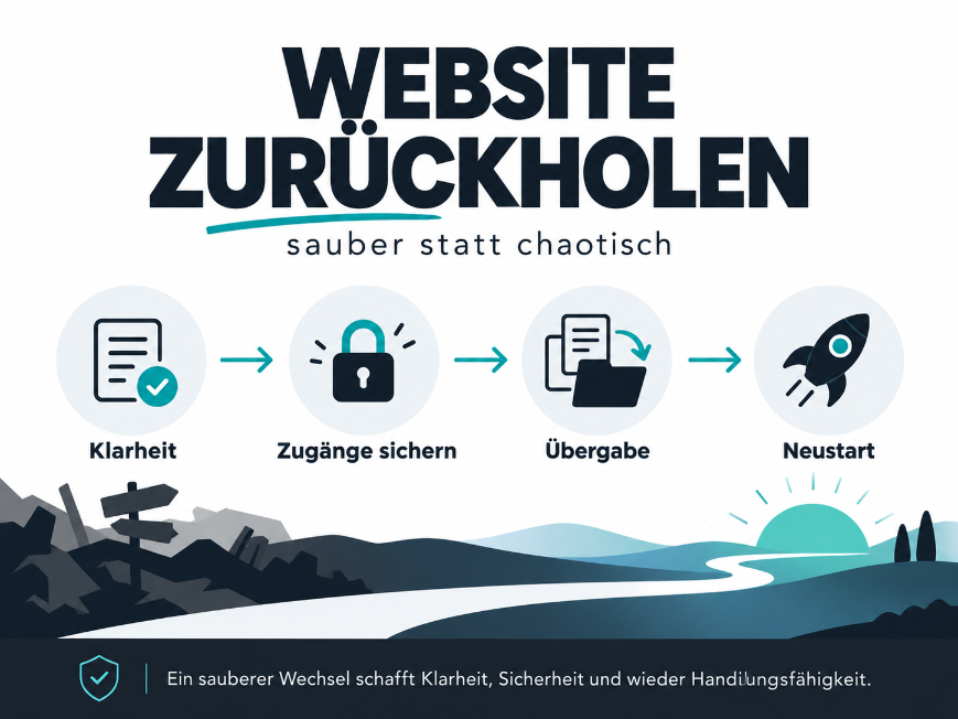Visualisierung der Schritte, um die Website zurückzuholen: Klarheit, Zugänge sichern und Neustart.