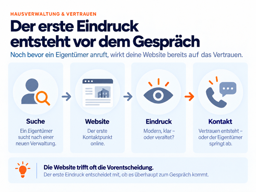 Grafik zum Thema ersteindruck hausverwaltung, zeigt den Ablauf von Suche zu Kontakt.