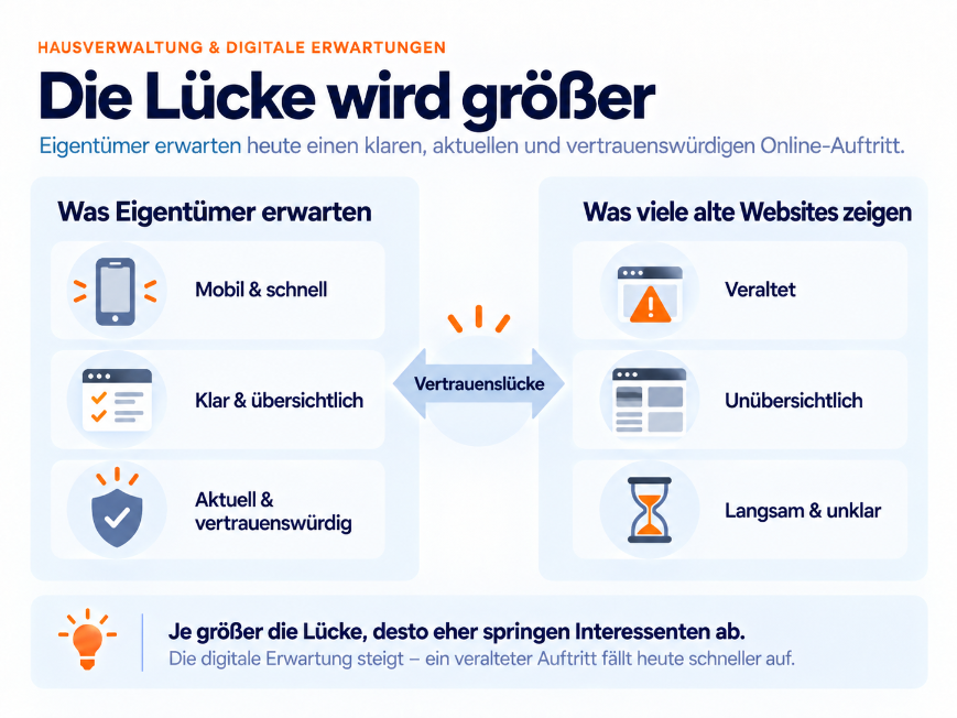Grafik zeigt digitale Erwartungen von Eigentümern an Hausverwaltungen und die Lücke zu alten Websites.