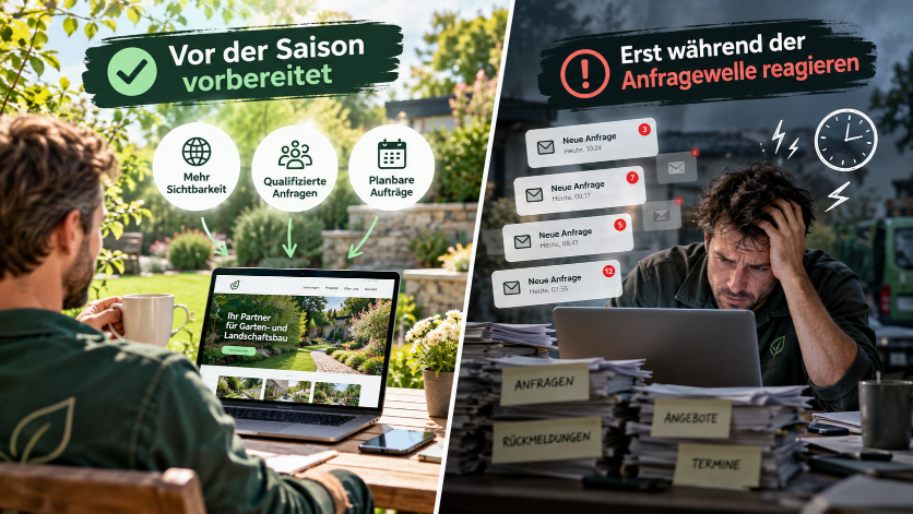 Mann arbeitet an Laptop für Gartenbau-Website, Vorbereitung auf die Saison.