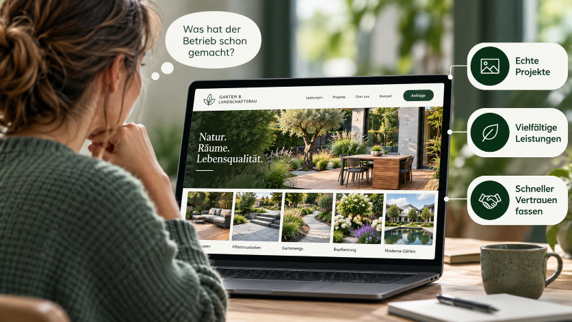 Eine Person betrachtet die Website eines Gartenbauers mit echten Projekten und Leistungen.