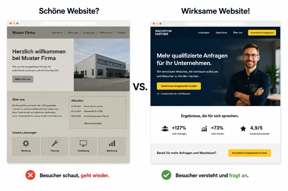 Vergleich zwischen schöner und wirksamer Website zur Besucherführung.