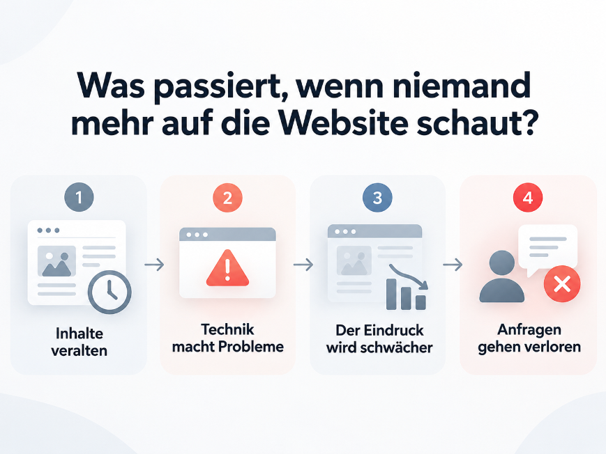 Grafik zeigt, was passiert, wenn niemand mehr auf die Website schaut: veraltete Inhalte, technische Probleme, schwächerer Eindruck und verlorene Anfragen.