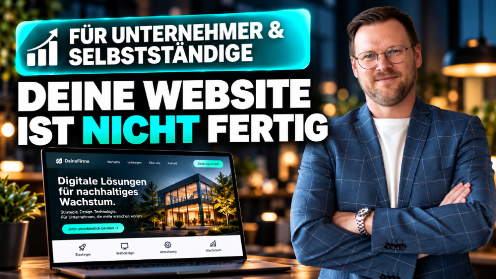 Ein Unternehmer zeigt auf einen Bildschirm mit der Botschaft, dass die Website nicht fertig ist.