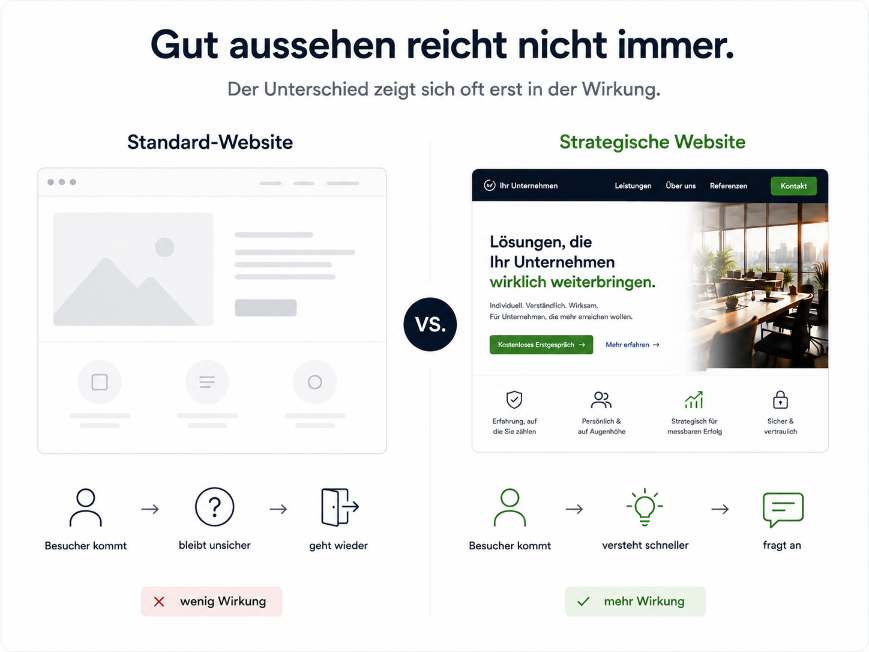 Vergleich zwischen Standard-Website und strategischer Website hinsichtlich Wirkung.