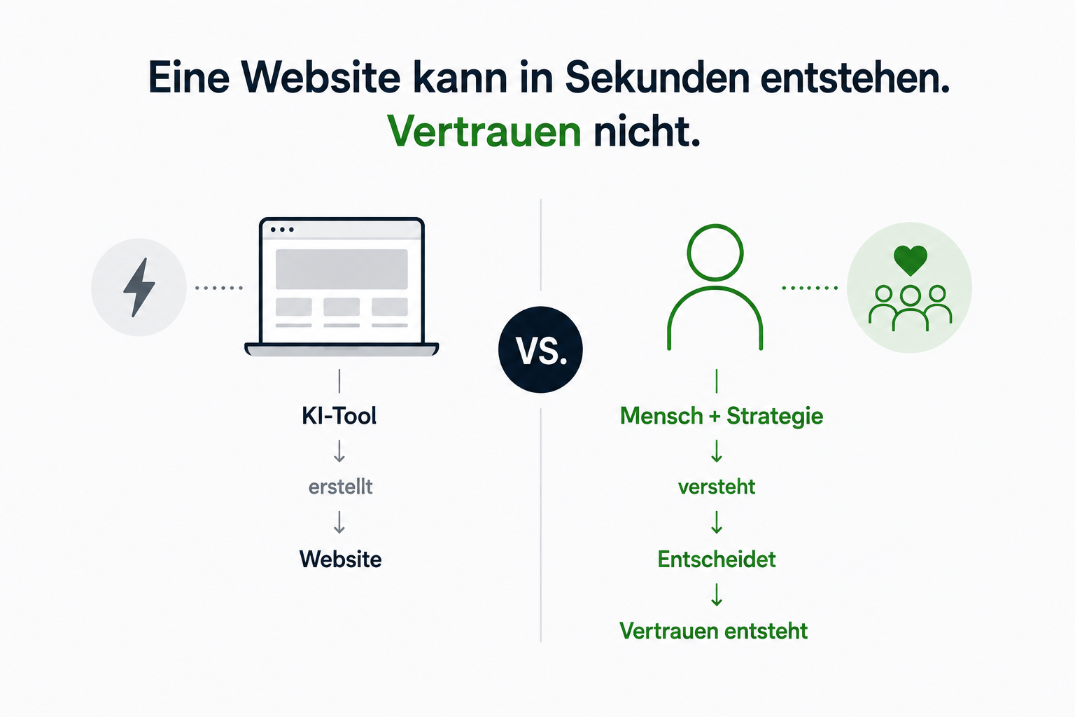 Grafik, die den Unterschied zwischen KI-Tools und menschlicher Strategie im Webdesign zeigt.