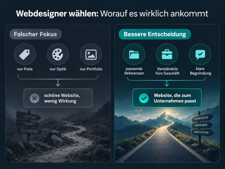 Grafik zu Webdesignern: Falscher Fokus versus bessere Entscheidung, die zur Website passt.