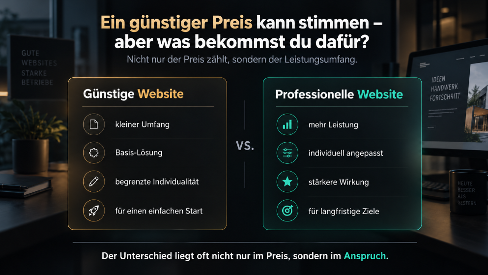 Vergleich zwischen günstiger Handwerker-Website und professioneller Lösung.