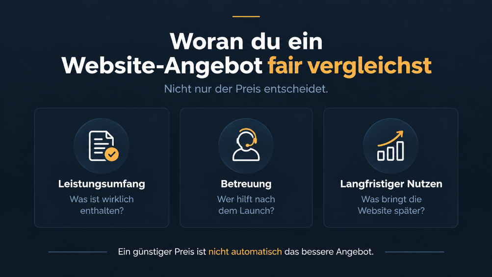 Drei Punkte zur fairen Bewertung eines Website-Angebots: Leistung, Betreuung, Nutzen.