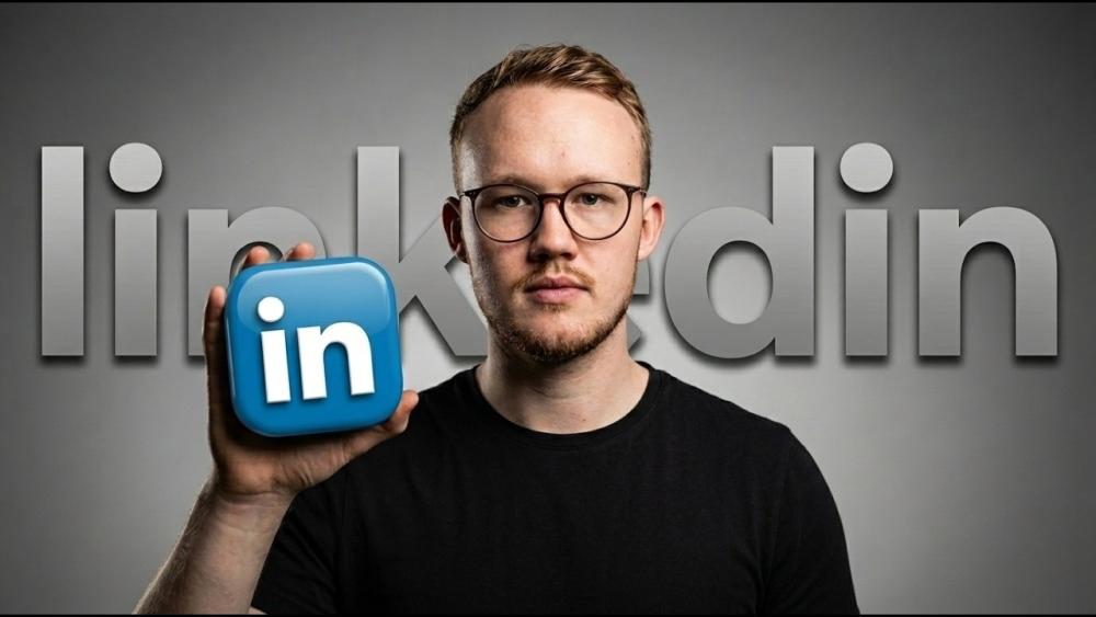 Mann hält ein LinkedIn-Symbol und steht vor dem Wort LinkedIn, passend zum Artikel über den LinkedIn Sales-Funnel.