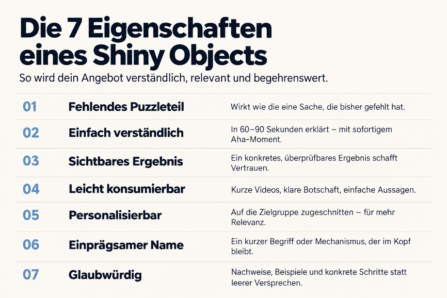 Die 7 Eigenschaften eines Shiny Objects: fehlendes Puzzleteil, einfach verständlich, sichtbares Ergebnis.