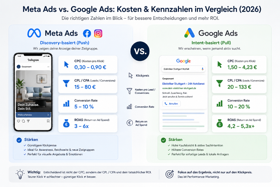 Meta Ads vs. Google Ads: Was CPC, CPA und ROAS wirklich bedeuten