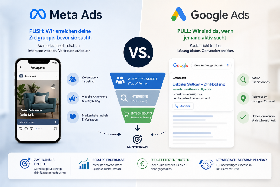 Meta Ads vs. Google Ads: Der Unterschied zwischen Push und Pull Marketing