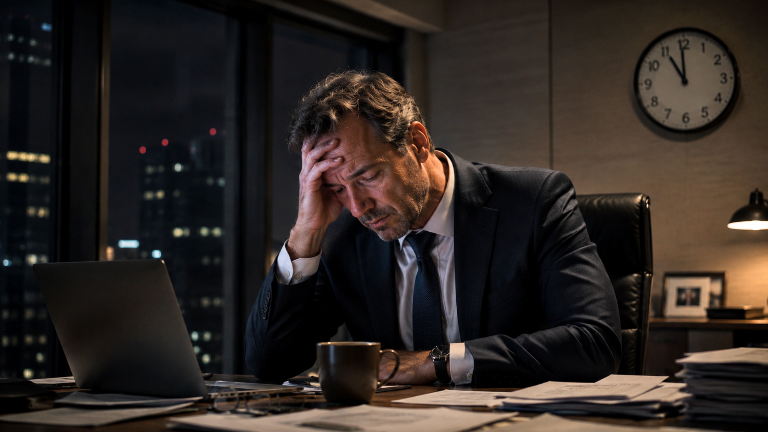 Ein typisches Bild wenn man an Unternehmer denkt: erschöpft bis in die Nacht arbeiten
