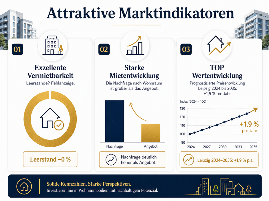Die drei Schlüssel für ein starkes Immobilieninvestment: Vermietbarkeit, Mietentwicklung und Wertentwicklung.