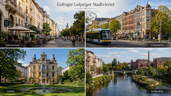 Vier beliebte Leipziger Stadtviertel: Südvorstadt, Connewitz, Gohlis und Schleußig.