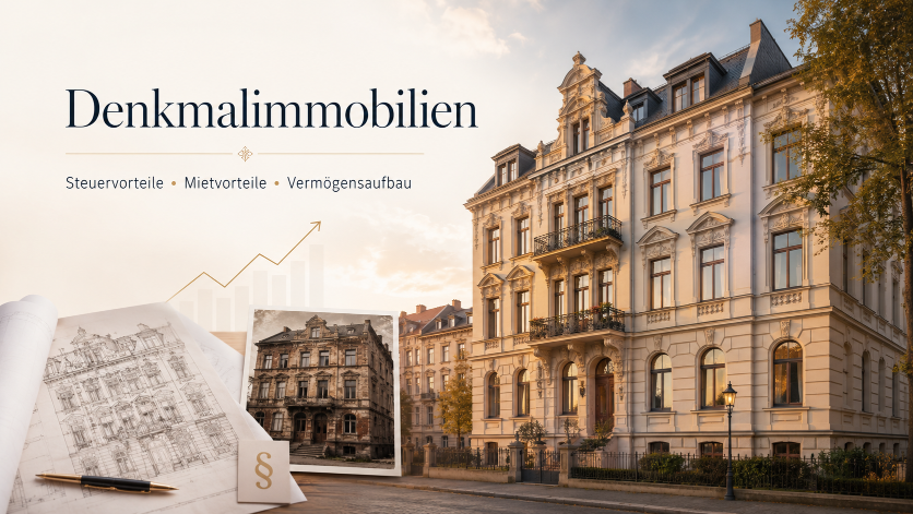 Historisches Gebäude und Zeichnungen zu Denkmalimmobilien in der Stadt.