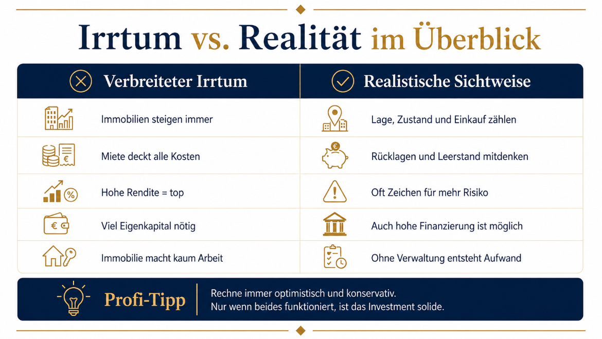Tabelle zeigt verbreitete Irrtümer und realistische Sichtweisen bei Immobilien als Kapitalanlage.