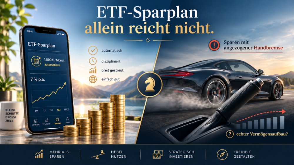 Visualisierung des Themas ETF-Sparplan mit Smartphone und Geldstütze.