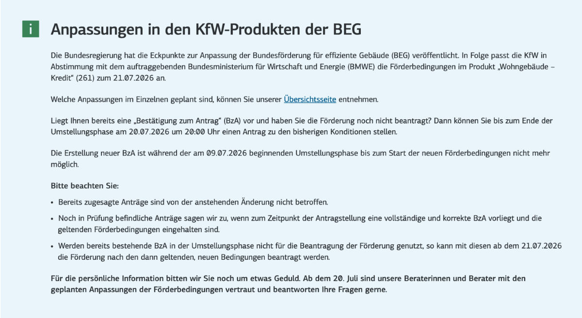 Anpassungen in den KfW-Produkten der BEG für 2026 zur Förderung.