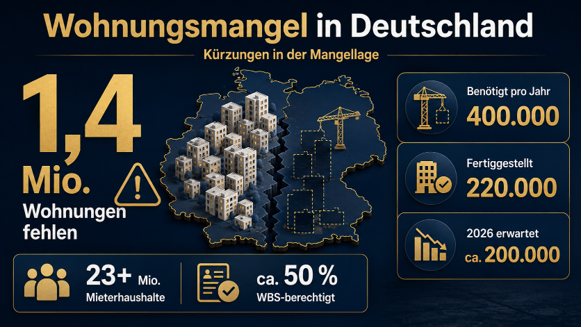 Grafik zum Wohnungsmarkt Deutschland zeigt 1,4 Millionen fehlende Wohnungen.