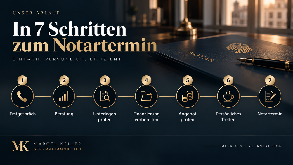 Ablauf in 7 Schritten zum Notartermin für den Vermögensaufbau.