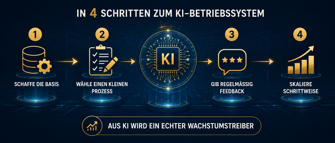 Diagramm zeigt in vier Schritten, wie man ein KI-Betriebssystem implementiert.