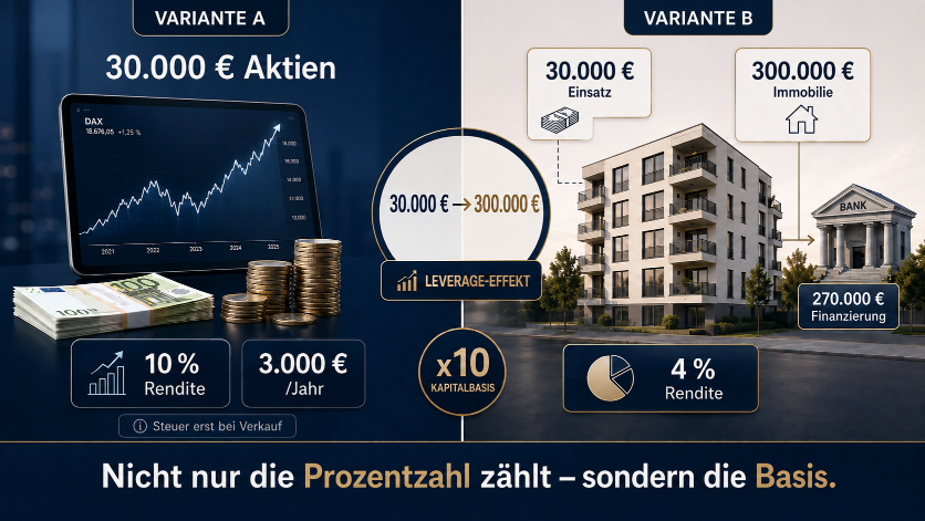 Vergleich von 30.000 Euro in Aktien und Immobilien mit Leverage-Effekt und Rendite.