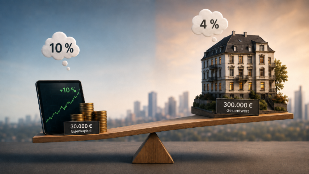 Vergleich zwischen 10 % Aktienrendite und 4 % Immobilienrendite auf einer Wippe.