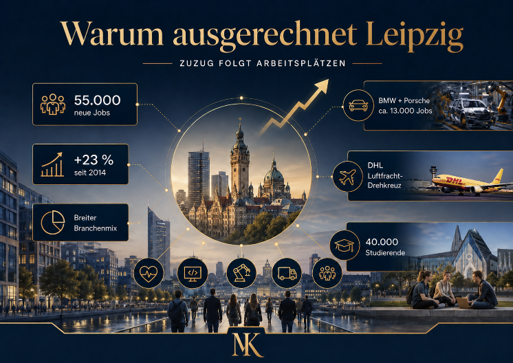 Infografik zu Leipzigs Immobilienmarkt mit Daten zu Zuwachs und Arbeitsplätzen.
