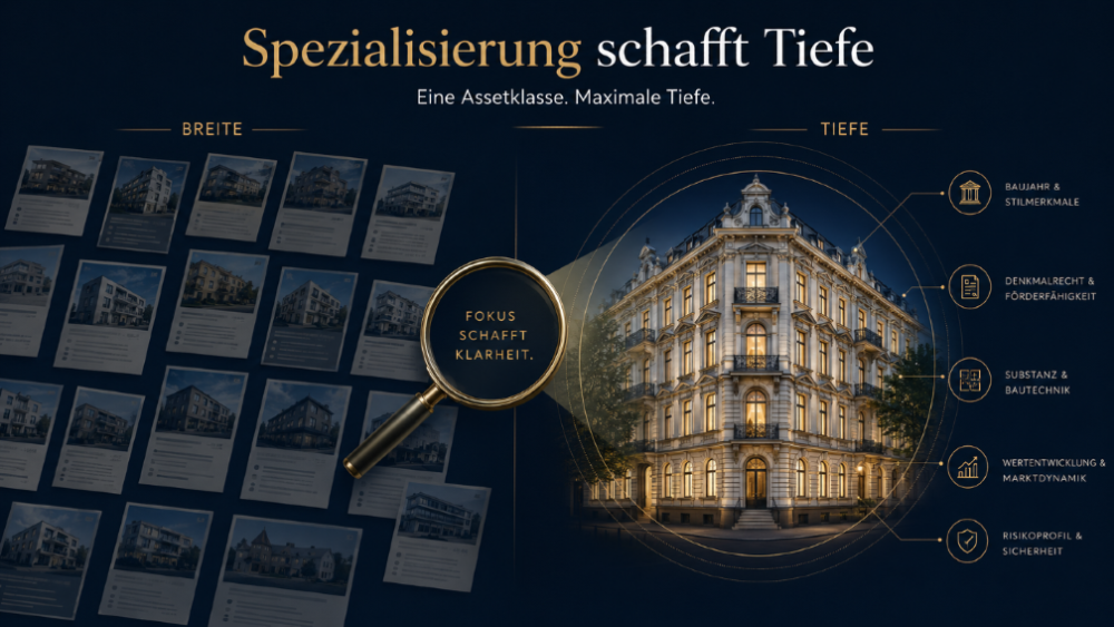 Die Illustration zeigt, wie Spezialisten für Denkmalimmobilien durch Tiefe und Expertise überzeugen.