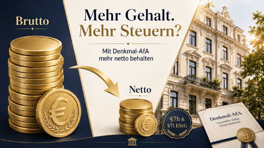 Grafik zeigt, wie man mit Denkmal-AfA mehr netto vom Gehalt behalten kann.