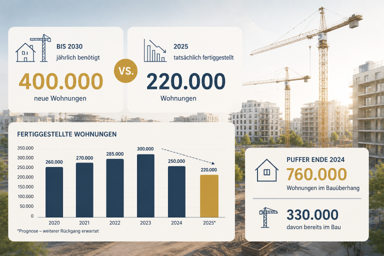 Grafik zum Wohnraummangel in Deutschland, zeigt Baufortschritt 2025 und die benötigten neuen Wohnungen.
