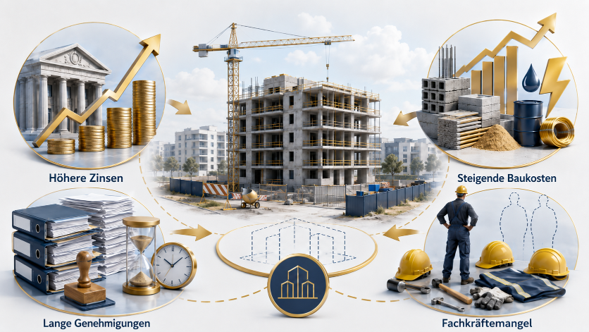 Grafik zu Wohnraummangel in Deutschland mit Bauprojekten, Zinsen und Fachkräftemangel.