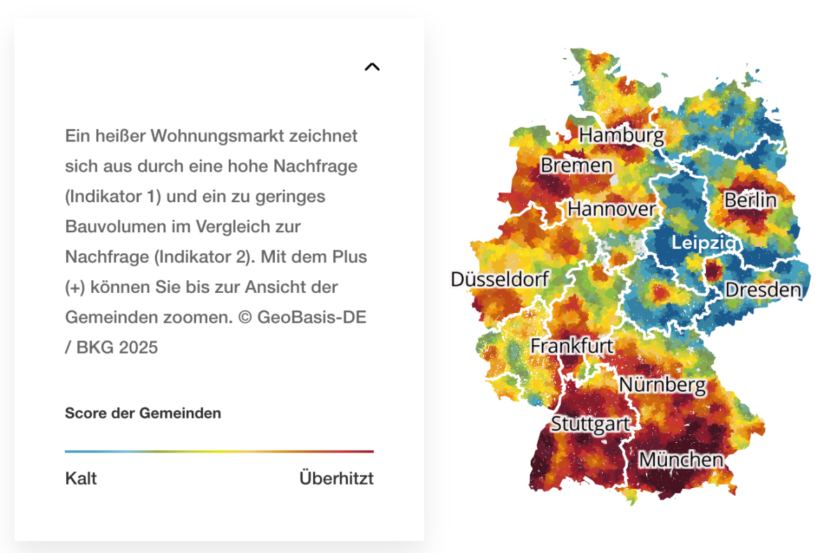 Kartenansicht des Wohnraummangels in Deutschland, zeigt Nachfrageindizes.