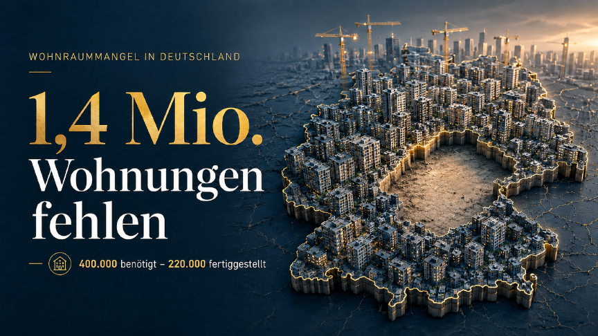 Grafik über Wohnraummangel in Deutschland mit 1,4 Millionen fehlenden Wohnungen.