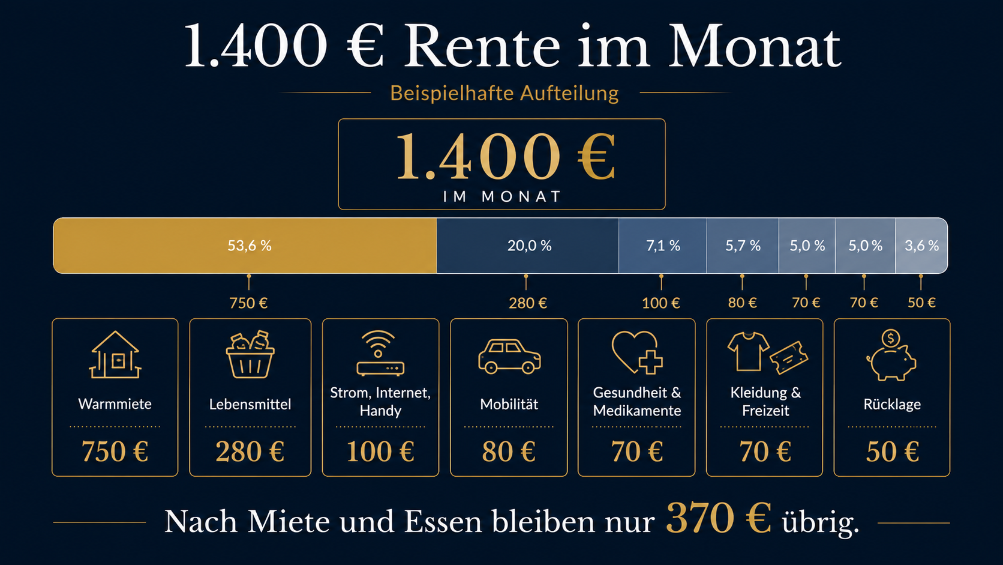 Aufschlüsselung der Lebenshaltungskosten bei 1.400 Euro Rente im Monat.