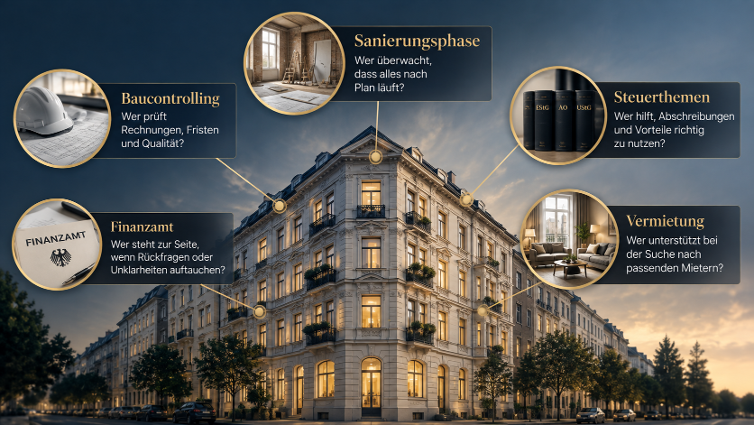 Informationen zum Immobilienservice nach dem Notartermin, Fokus auf Sanierungsphase.