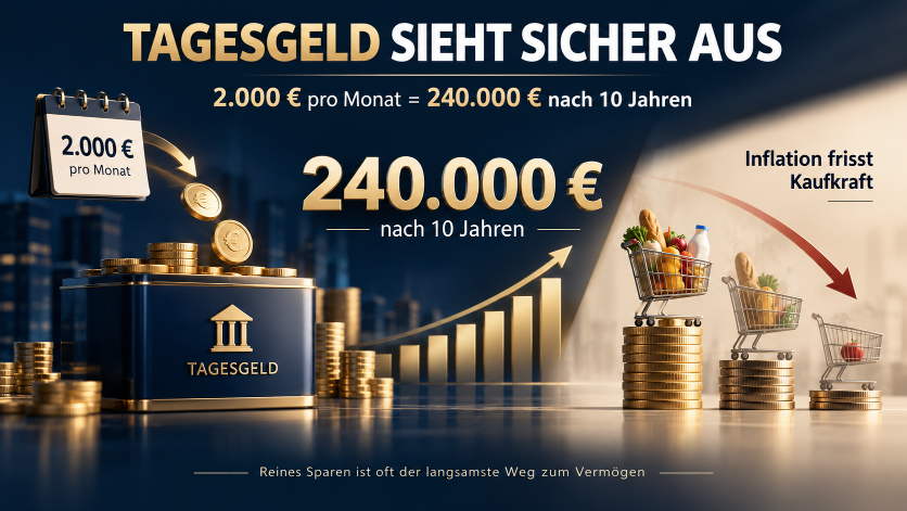 Grafik zeigt, wie ein Tagesgeldkonto aussieht und die Auswirkungen von Inflation auf 240.000 € nach 10 Jahren.