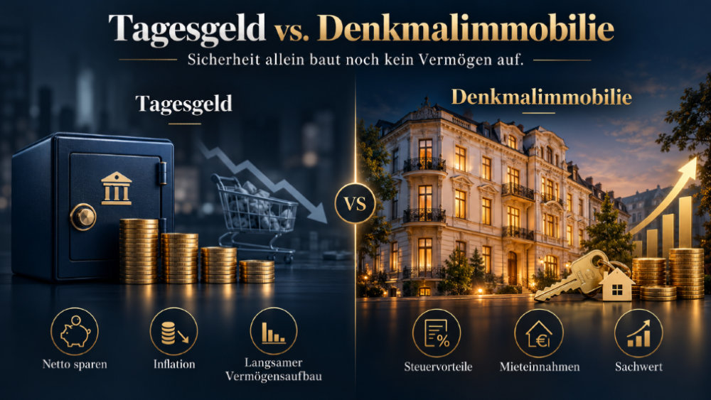 Grafik vergleicht Tagesgeld und Denkmalimmobilien bezüglich Sicherheit und Vermögensaufbau.
