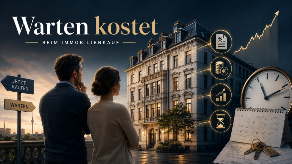 Paar betrachtet ein Gebäude und denkt über die Kosten des Wartens beim Immobilienkauf nach.