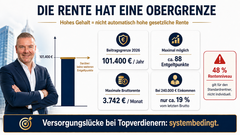 Grafik zur Versorgungslücke bei Topverdienern, hohe Rentenobergrenze und Einkommen.