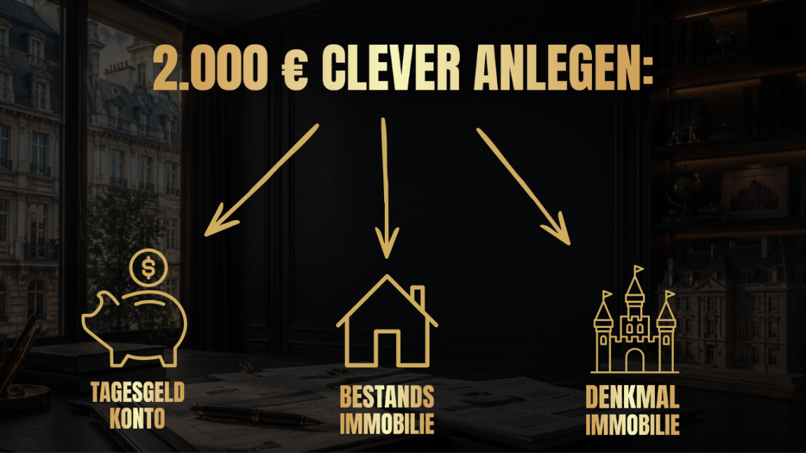 Grafik zum Thema clever anlegen mit 2.000 Euro: Tagesgeld, Bestandsimmobilie, Denkmalimmobilie.