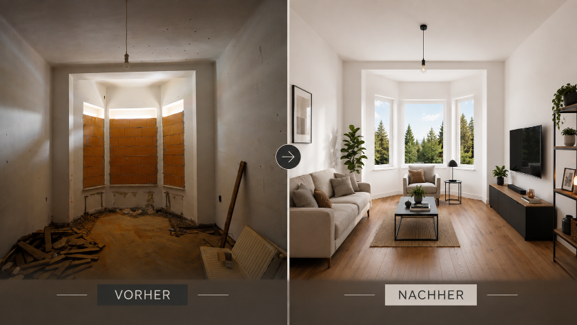 Vorher-Nachher Vergleich von Denkmalimmobilien Renovierung.
