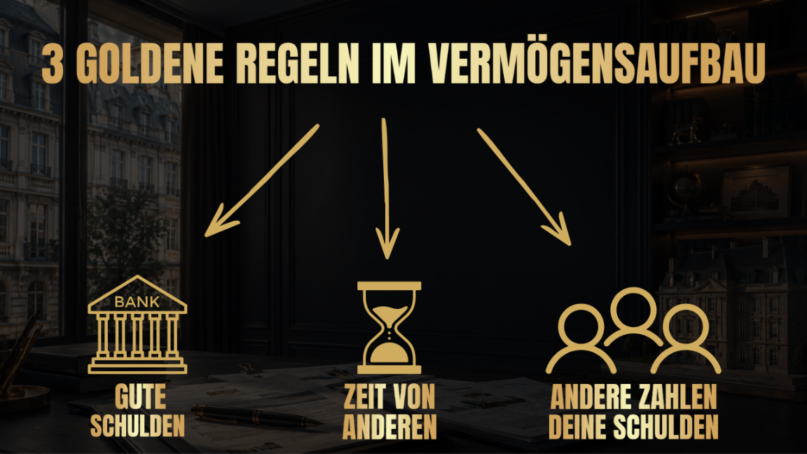 Infografik zu gute Schulden mit drei Regeln: fremdes Geld nutzen, Zeit gewinnen und andere zahlen lassen.