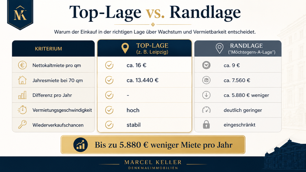 Grafik, die den Unterschied zwischen Top-Lage und Randlage bei Denkmalimmobilien zeigt.