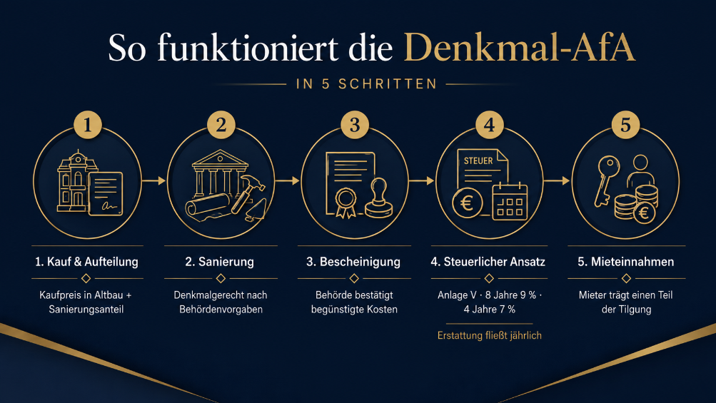 Grafik zeigt die 5 Schritte zur Denkmal-AfA: Kauf, Sanierung, Beschreibung, steuerlicher Ansatz, Mitverschonungen.